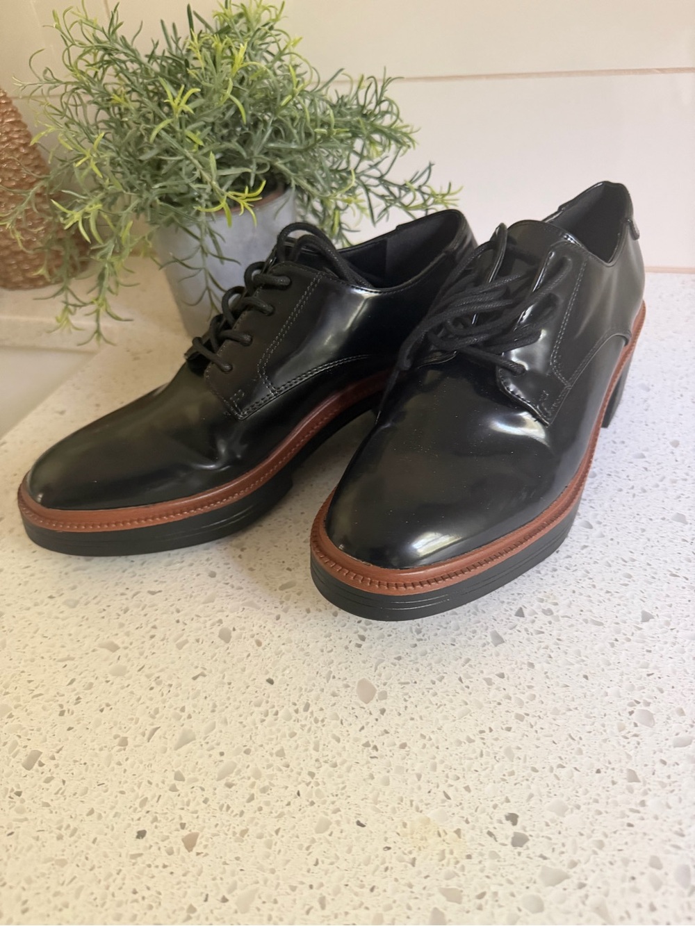 Women Black Leather Lace-Up Dress Shoes with Brown Trim